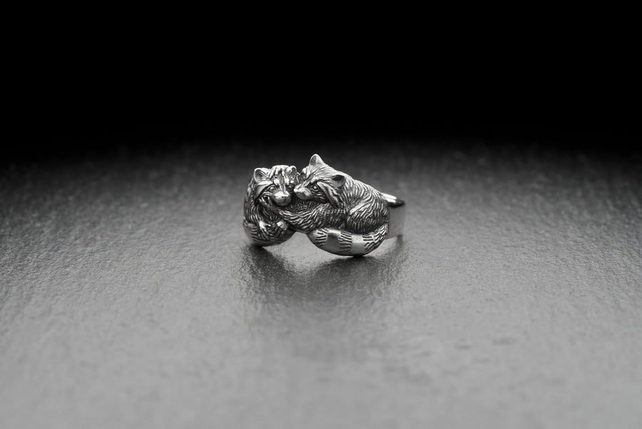 925 Sterling Silver Cuddling Raccoons Ring, Animal Couple Statement Band, Woodland Nature Jewelry Gift, Anniversary Gift, Unisex (etsy image id: 6092284339)
