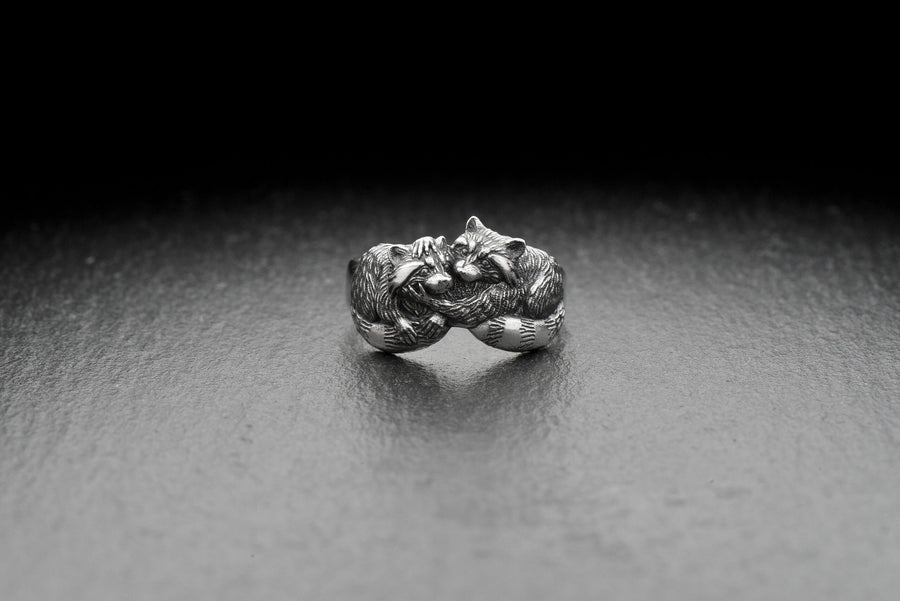925 Sterling Silver Cuddling Raccoons Ring, Animal Couple Statement Band, Woodland Nature Jewelry Gift, Anniversary Gift, Unisex (etsy image id: 6092284339)