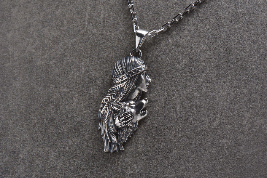 wolf talisman	Silver Wolf Necklace	Indian girl-wolf	girl-wolf	she-wolf pendant	she-wolf (etsy image id: 4619295292)