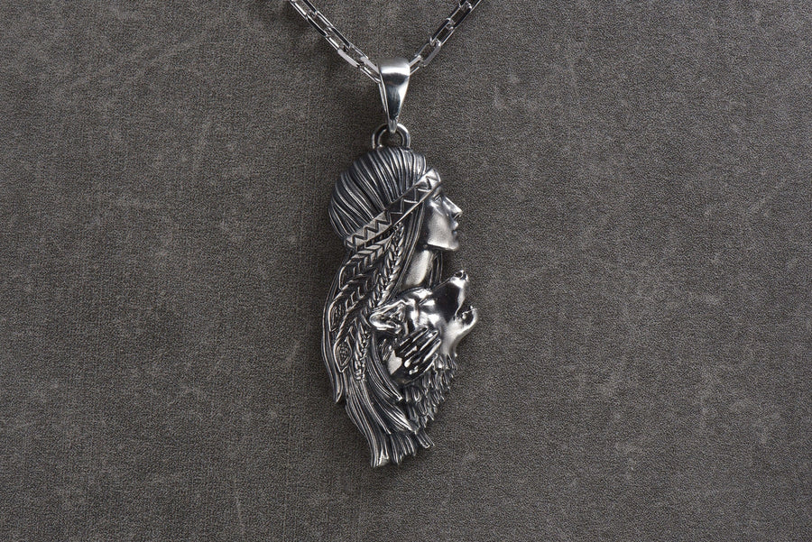 wolf talisman	Silver Wolf Necklace	Indian girl-wolf	girl-wolf	she-wolf pendant	she-wolf (etsy image id: 4619295292)