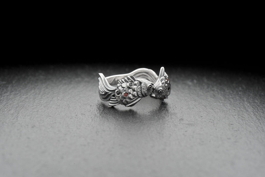 Sterling Silver Pisces Fish Ring, Zodiac Astrology Jewelry, Oxidized Sea Creature Band