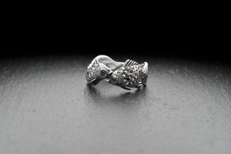 Sterling Silver Pisces Fish Ring, Zodiac Astrology Jewelry, Oxidized Sea Creature Band