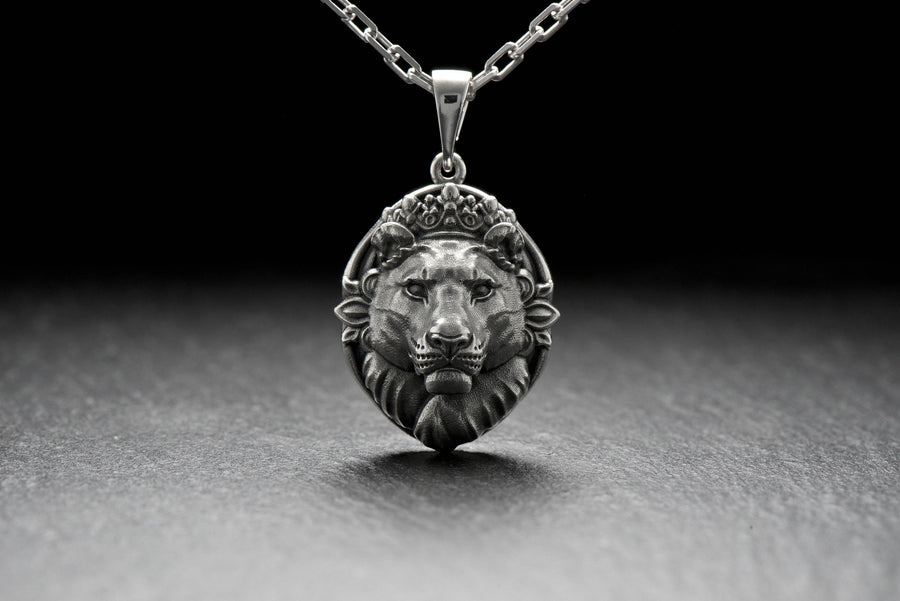 Sterling Silver Lioness Head Pendant: Handmade Wild Cat Necklace