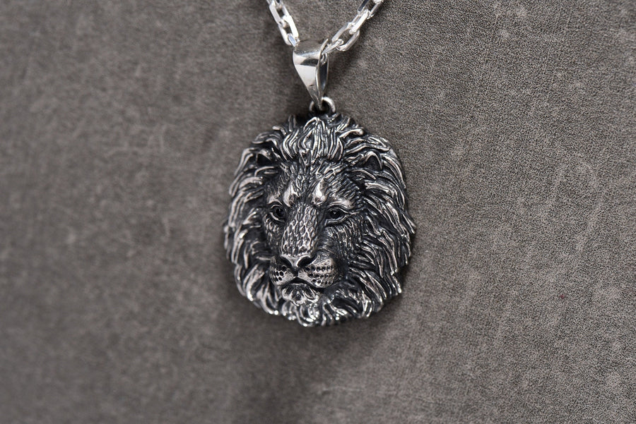 Sterling Silver Lion Head Pendant: Handmade Wild Cat Necklace