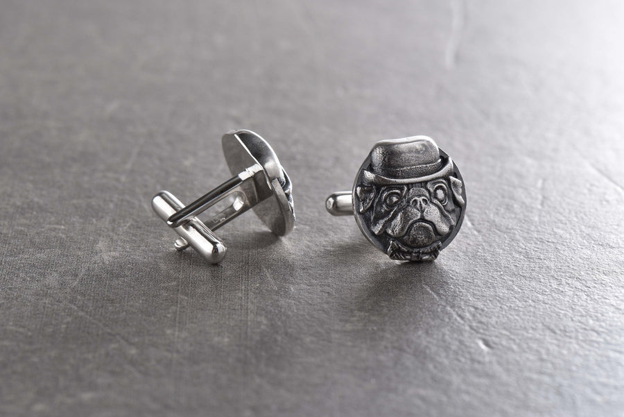 Sterling Silver Pug Cufflinks, Polished Oxidized Dog Jewelry (17mm) (etsy image id: 5889101001)