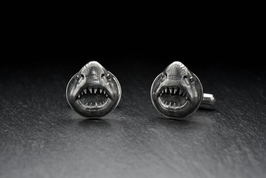 Sterling Silver Shark Cufflinks, Nautical Animal Jewelry, Polished Oxidized Finish (etsy image id: 4826995697)