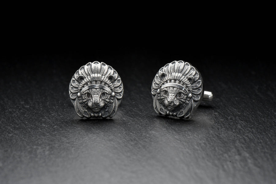 Cat Chief Silver Cufflinks – Sterling Silver Feline Headdress Cufflinks | Bold Tribal Style Gift for Cat Lovers (etsy image id: 7412189367)