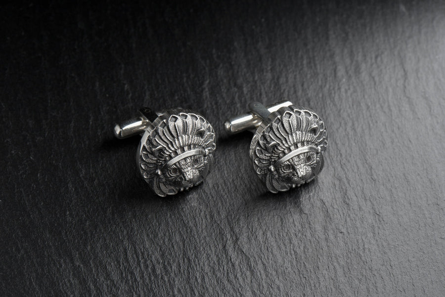 Cat Chief Silver Cufflinks – Sterling Silver Feline Headdress Cufflinks | Bold Tribal Style Gift for Cat Lovers (etsy image id: 7412189367)