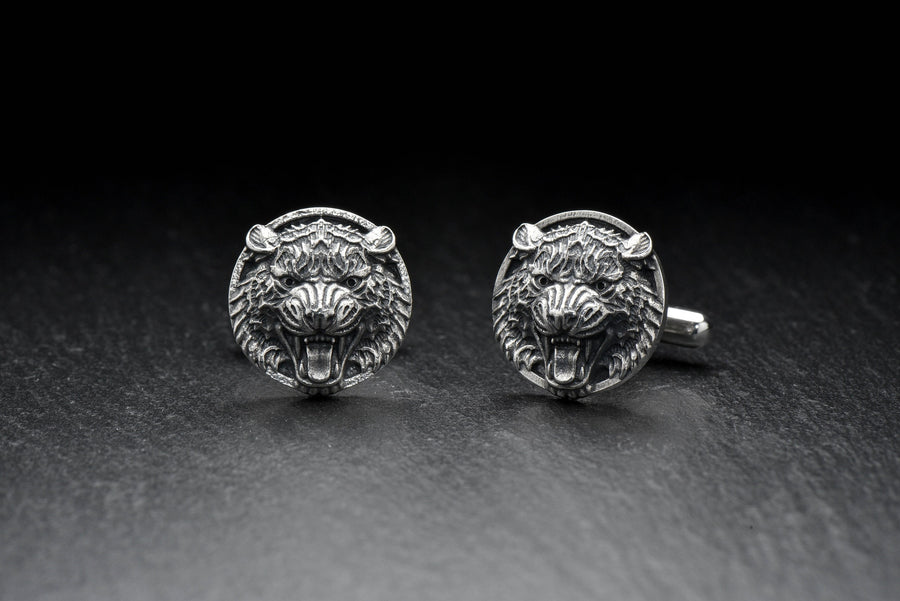 Sterling Silver Tiger Head Cufflinks, Handmade Animal Jewelry, Oxidized Finish (etsy image id: 7759071132)