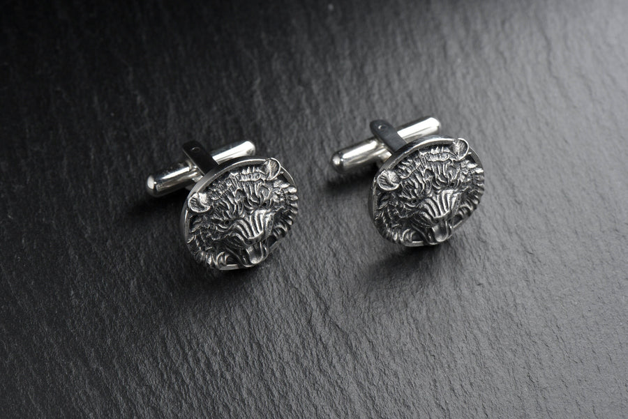 Sterling Silver Tiger Head Cufflinks, Handmade Animal Jewelry, Oxidized Finish (etsy image id: 7759071132)