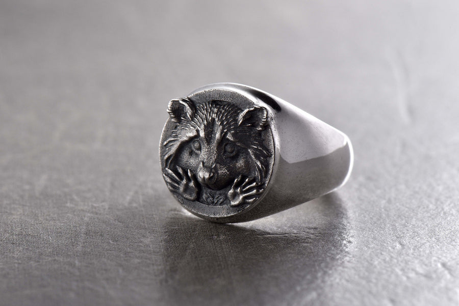 Sterling Silver Raccoon Signet Ring 925, Handmade Animal Face Band, Oxidized Wildlife Statement, Unisex Gift for Him or Her, Daily Wear (etsy image id: 4917977013)