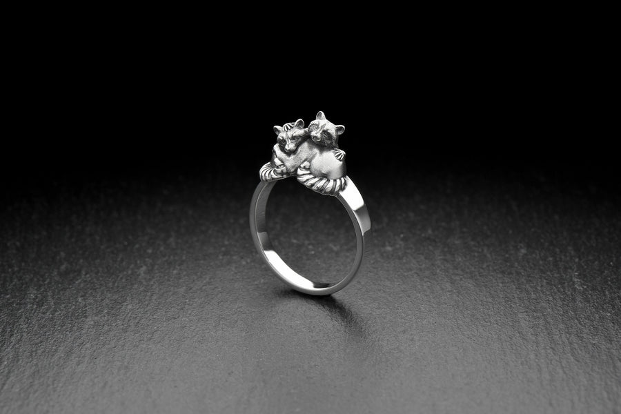 Handmade Sterling Silver Raccoons Ring, Cute Animal Couple Jewelry, Twin Raccoon Wrap Ring, Unique Gift for Wildlife and Nature Lovers (etsy image id: 4909597529)
