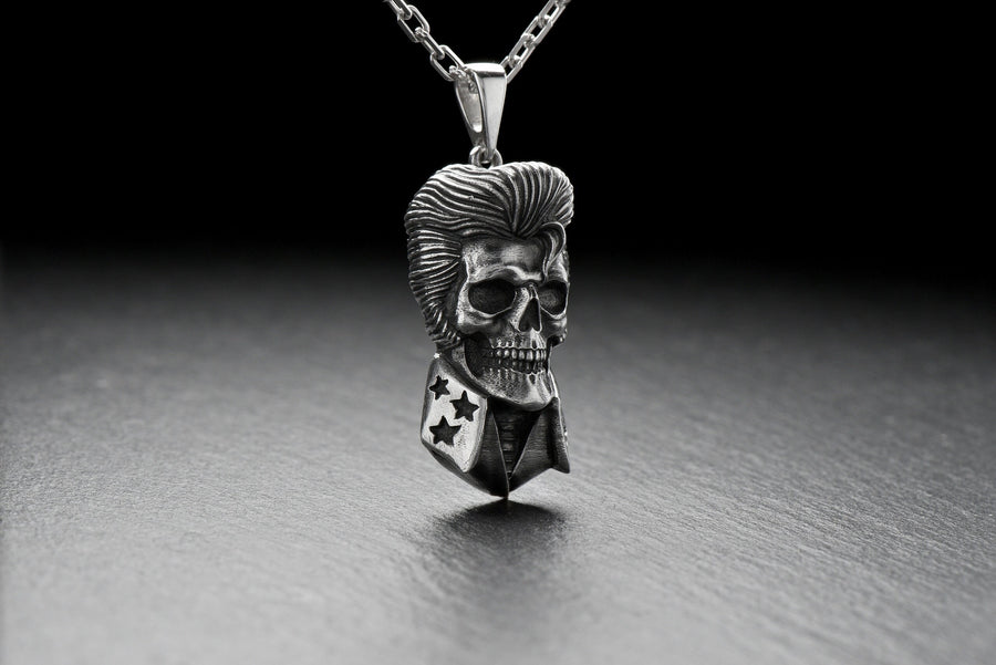 Elvis Presley Skull Sterling Silver Pendant - Halloween Jewelry (etsy image id: 4992489759)