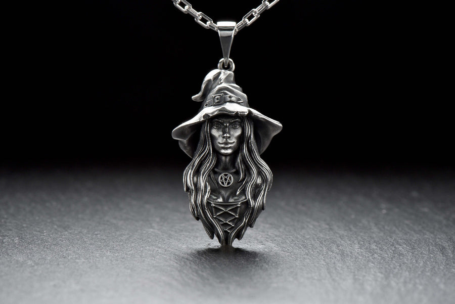 Sterling Silver Witch Pendant Necklace: Gothic Wiccan Jewelry