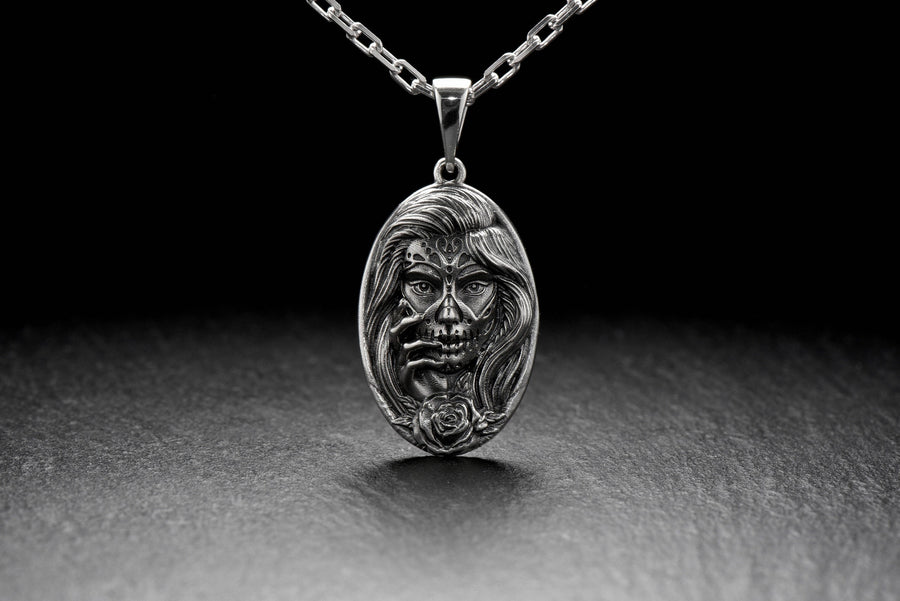 Sterling Silver Calavera Catrina Pendant: Handmade Skull Jewelry