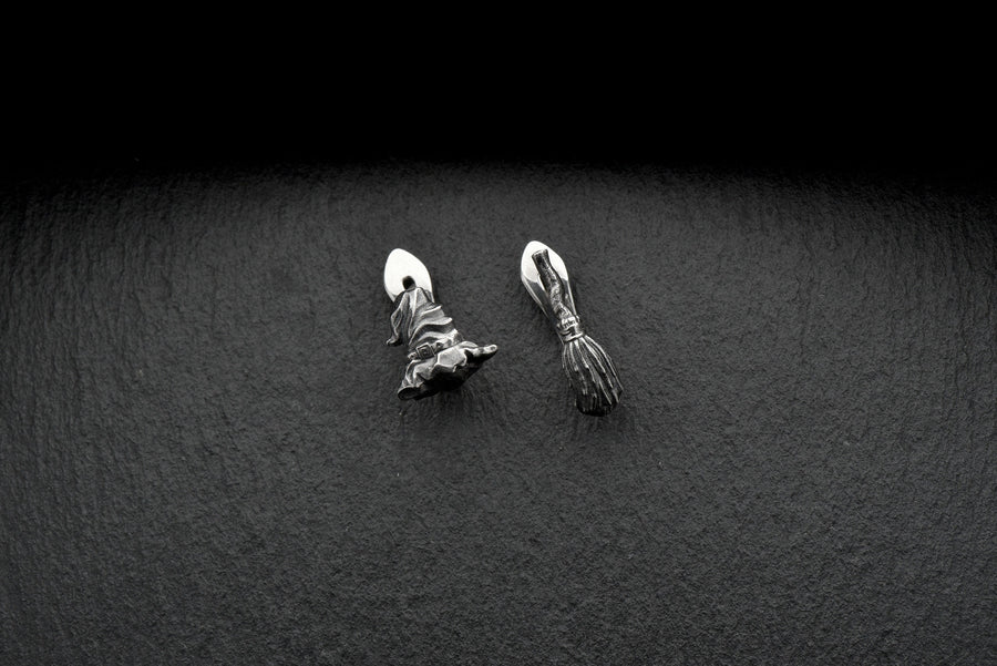 Sterling Silver Witch Earrings: Broom & Hat, Halloween Jewelry (etsy image id: 5483080132)