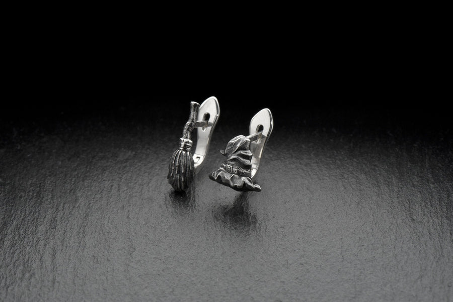 Sterling Silver Witch Earrings: Broom & Hat, Halloween Jewelry (etsy image id: 5483080132)
