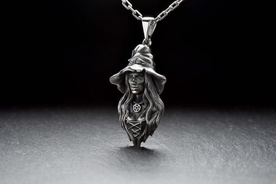 Sterling Silver Witch Pendant Necklace: Gothic Wiccan Jewelry