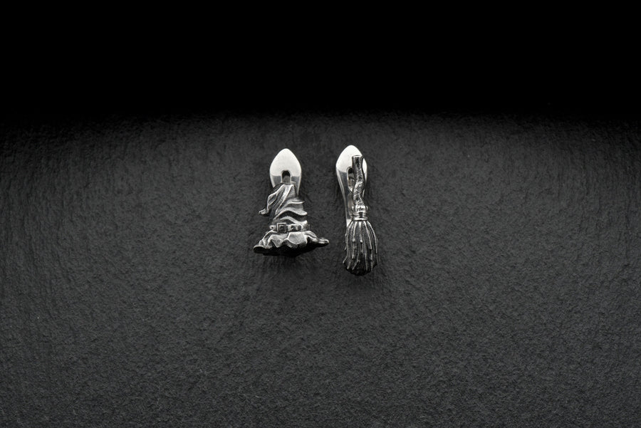 Sterling Silver Witch Earrings: Broom & Hat, Halloween Jewelry (etsy image id: 5483080132)