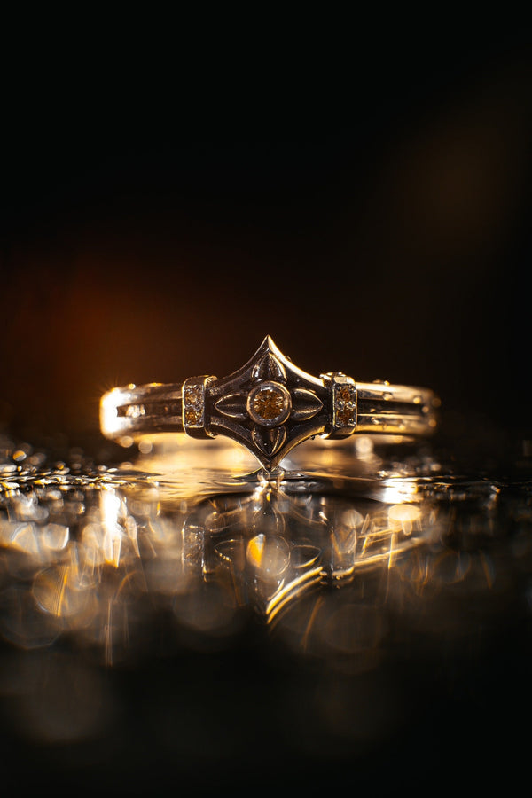 Bathed in soft, romantic light against elegant white silk, this alternative bridal set perfectly balances dark gothic architecture with traditional wedding luxury. The rings evoke a mysterious, dark academia atmosphere, capturing the timeless beauty of ancient stone cathedrals and eternal devotion. Designed for modern couples who appreciate history and non-traditional aesthetics, this matching wedding set is a profound symbol of a love story root (etsy image id: 7928015292)