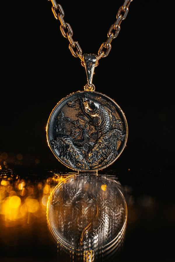 This exquisite pendant showcases the graceful form of a Koi Carp, meticulously crafted in sterling silver. The intricate detailing captures the essence of these magnificent fish, from their flowing fins to their delicate scales. (etsy image id: 5077863619)