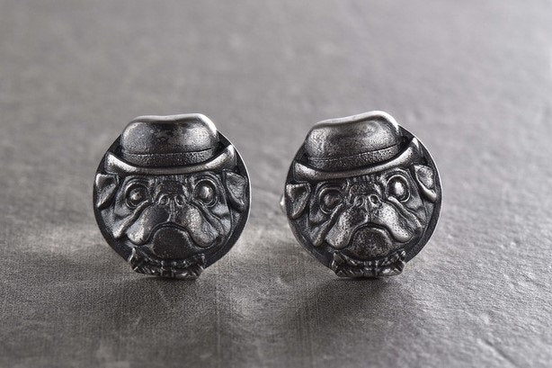 Sterling Silver Pug Cufflinks, Polished Oxidized Dog Jewelry (17mm) (etsy image id: 5889101001)