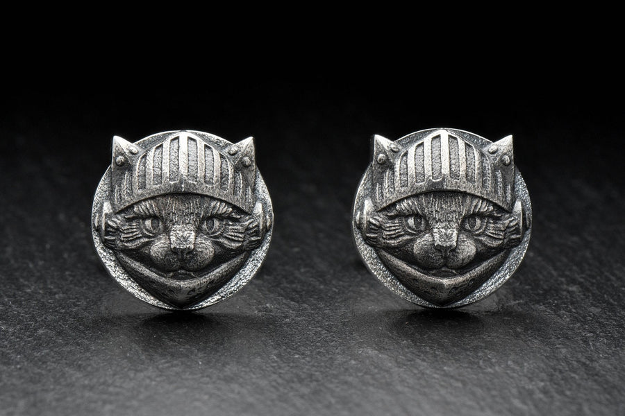Sterling Silver Knight Cat Cufflinks, Medieval Pet Jewelry, Oxidized Finish (etsy image id: 5889101873)