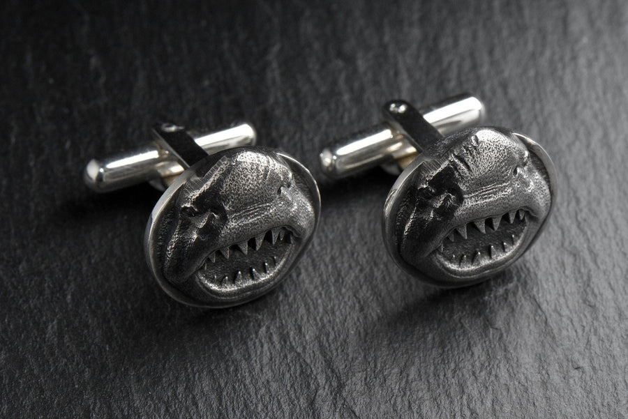 Sterling Silver Shark Cufflinks, Nautical Animal Jewelry, Polished Oxidized Finish (etsy image id: 4826995697)
