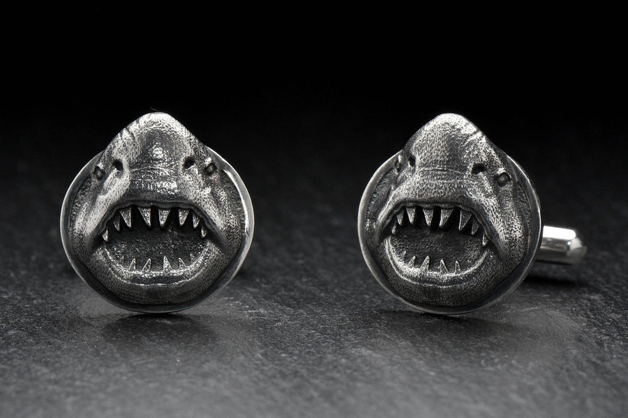 Sterling Silver Shark Cufflinks, Nautical Animal Jewelry, Polished Oxidized Finish (etsy image id: 4826995697)