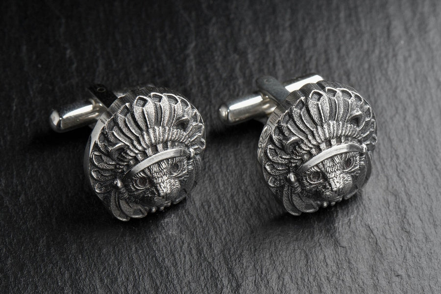Cat Chief Silver Cufflinks – Sterling Silver Feline Headdress Cufflinks | Bold Tribal Style Gift for Cat Lovers (etsy image id: 7412189367)