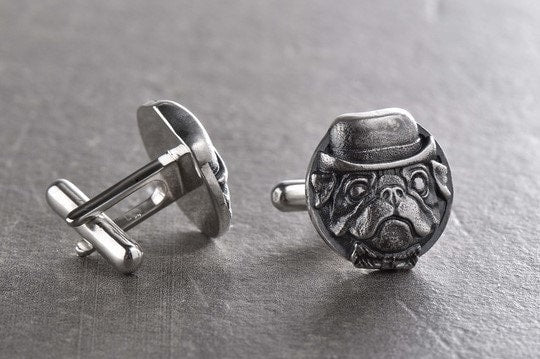 Sterling Silver Pug Cufflinks, Polished Oxidized Dog Jewelry (17mm) (etsy image id: 5889101001)