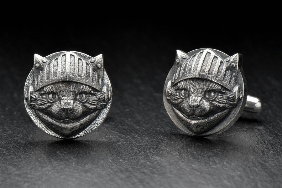 Sterling Silver Knight Cat Cufflinks, Medieval Pet Jewelry, Oxidized Finish (etsy image id: 5889101873)