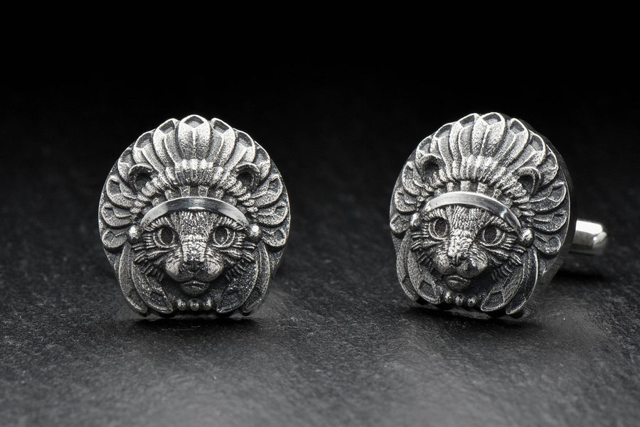 Cat Chief Silver Cufflinks – Sterling Silver Feline Headdress Cufflinks | Bold Tribal Style Gift for Cat Lovers (etsy image id: 7412189367)