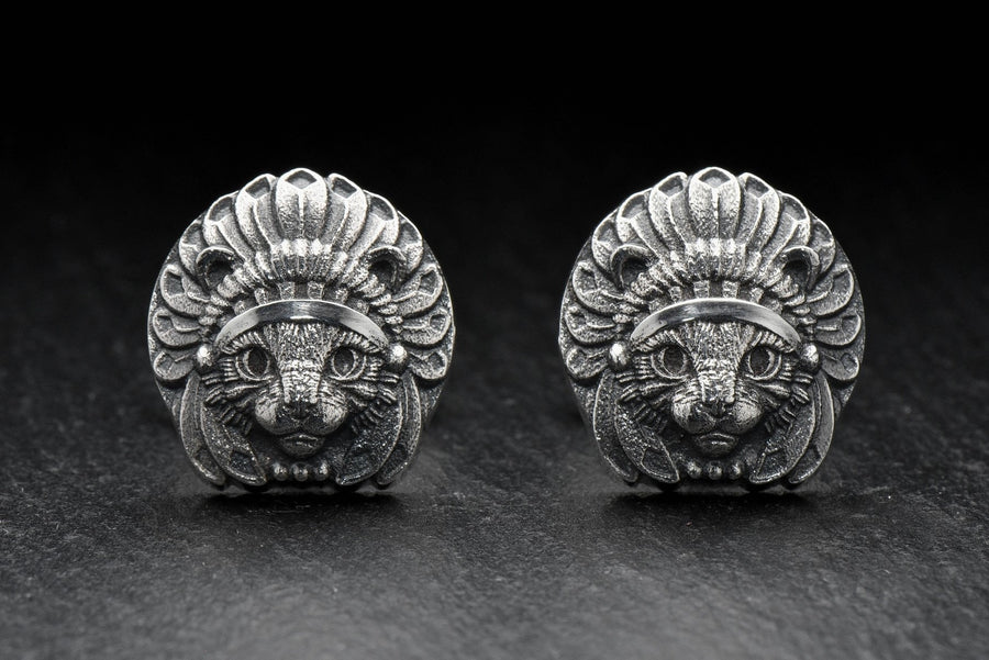 Cat Chief Silver Cufflinks – Sterling Silver Feline Headdress Cufflinks | Bold Tribal Style Gift for Cat Lovers (etsy image id: 7412189367)