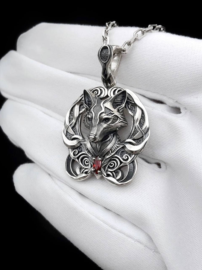 Gothic Fox Pendant Silver – Sterling Silver Fox Necklace with Red Gem | Mystical Totem Jewelry for Men and Women (etsy image id: 5379648110)