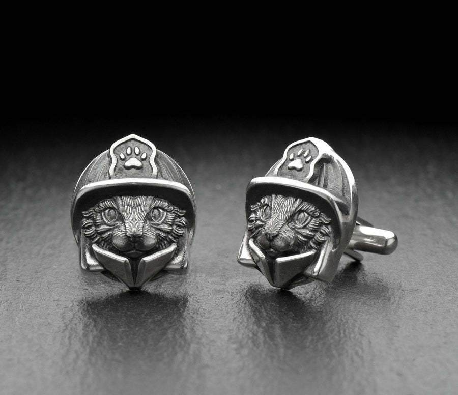 Sterling Silver Cat Fireman Cufflinks, Animal Jewelry, Heroic Feline Design (etsy image id: 7807057361)