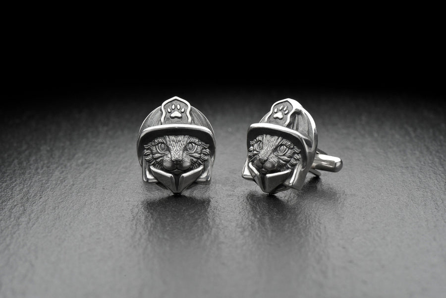 Sterling Silver Cat Fireman Cufflinks, Animal Jewelry, Heroic Feline Design (etsy image id: 7807057361)