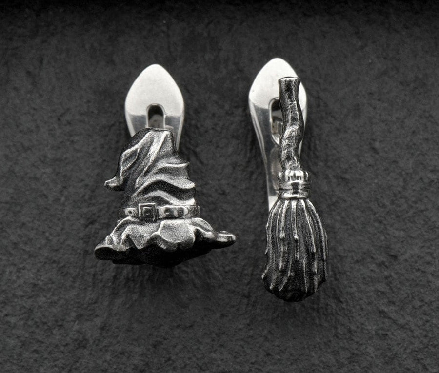 Sterling Silver Witch Earrings: Broom & Hat, Halloween Jewelry (etsy image id: 5483080132)