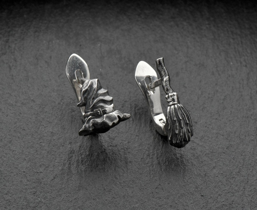 Sterling Silver Witch Earrings: Broom & Hat, Halloween Jewelry (etsy image id: 5483080132)