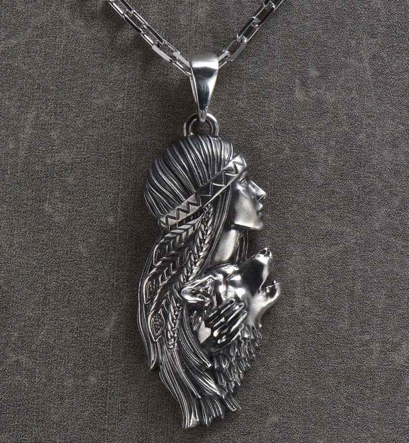 wolf talisman	Silver Wolf Necklace	Indian girl-wolf	girl-wolf	she-wolf pendant	she-wolf (etsy image id: 4619295292)