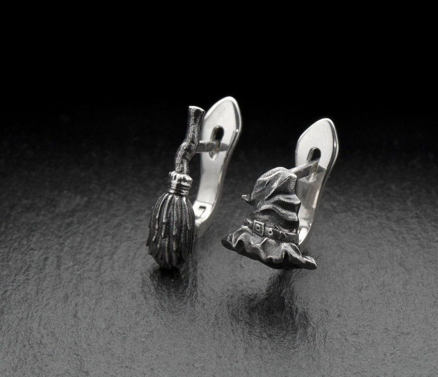 Sterling Silver Witch Earrings: Broom & Hat, Halloween Jewelry (etsy image id: 5483080132)