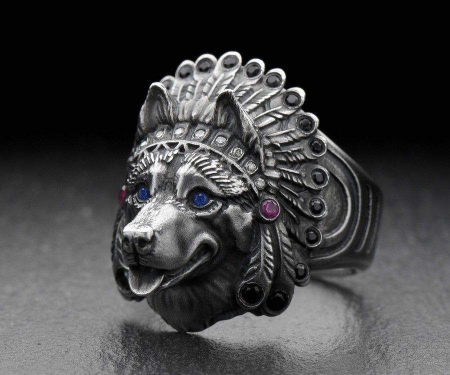 Sterling Silver Husky Chief Ring, Handmade Dog Totem Jewelry