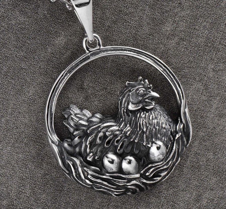 Sterling Silver Chicken Pendant Necklace: Hen and Eggs, Farm Animal Jewelry (etsy image id: 7000289398)