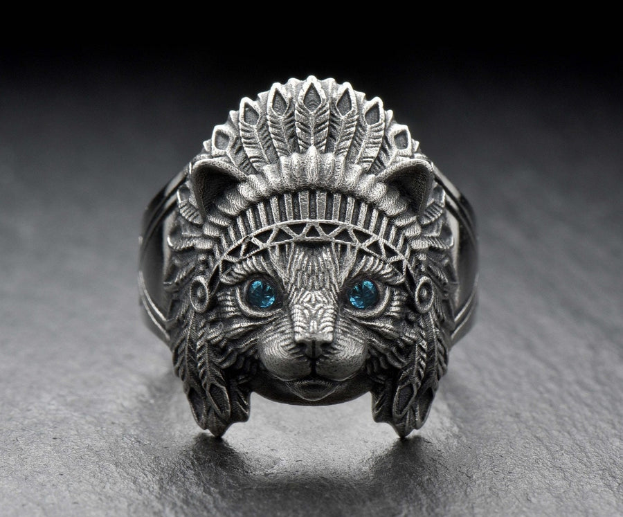Sterling Silver Cat Ring – Boho Tribal Chief Headdress Jewelry