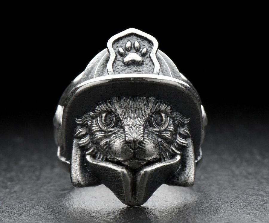 Firefighter Cat Silver Ring - Sterling Silver Hero Cat Ring, Unique Fireman Jewelry Gift for Him or Her
