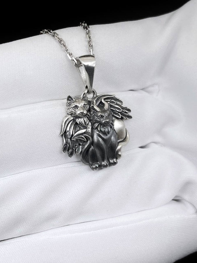Angel Demon Cats Sterling Silver Pendant – Gothic Feline Duality Necklace Gift (etsy image id: 5608629355)