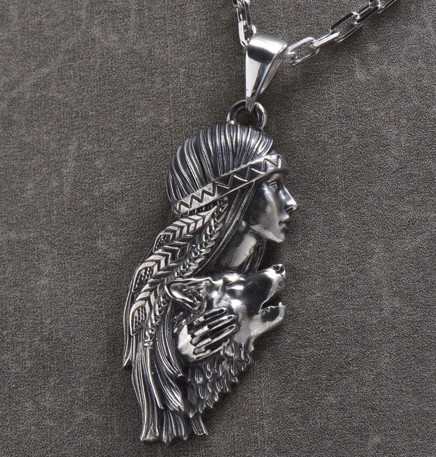 wolf talisman	Silver Wolf Necklace	Indian girl-wolf	girl-wolf	she-wolf pendant	she-wolf (etsy image id: 4619295292)