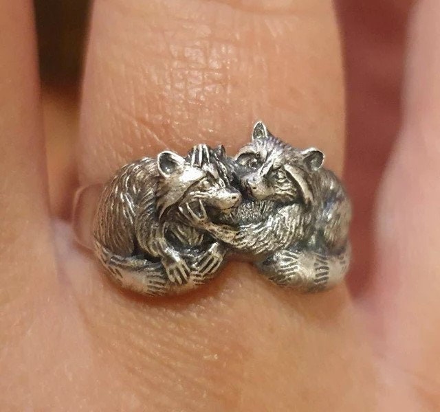 925 Sterling Silver Cuddling Raccoons Ring, Animal Couple Statement Band, Woodland Nature Jewelry Gift, Anniversary Gift, Unisex (etsy image id: 6092284339)