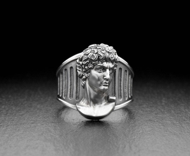 Introducing our stunning Sterling Silver Ring featuring the Head of David, inspired by Michelangelo's iconic sculpture. (etsy image id: 4919259020)
