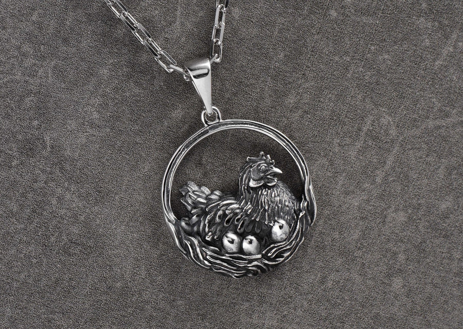 Sterling Silver Chicken Pendant Necklace: Hen and Eggs, Farm Animal Jewelry (etsy image id: 7000289398)